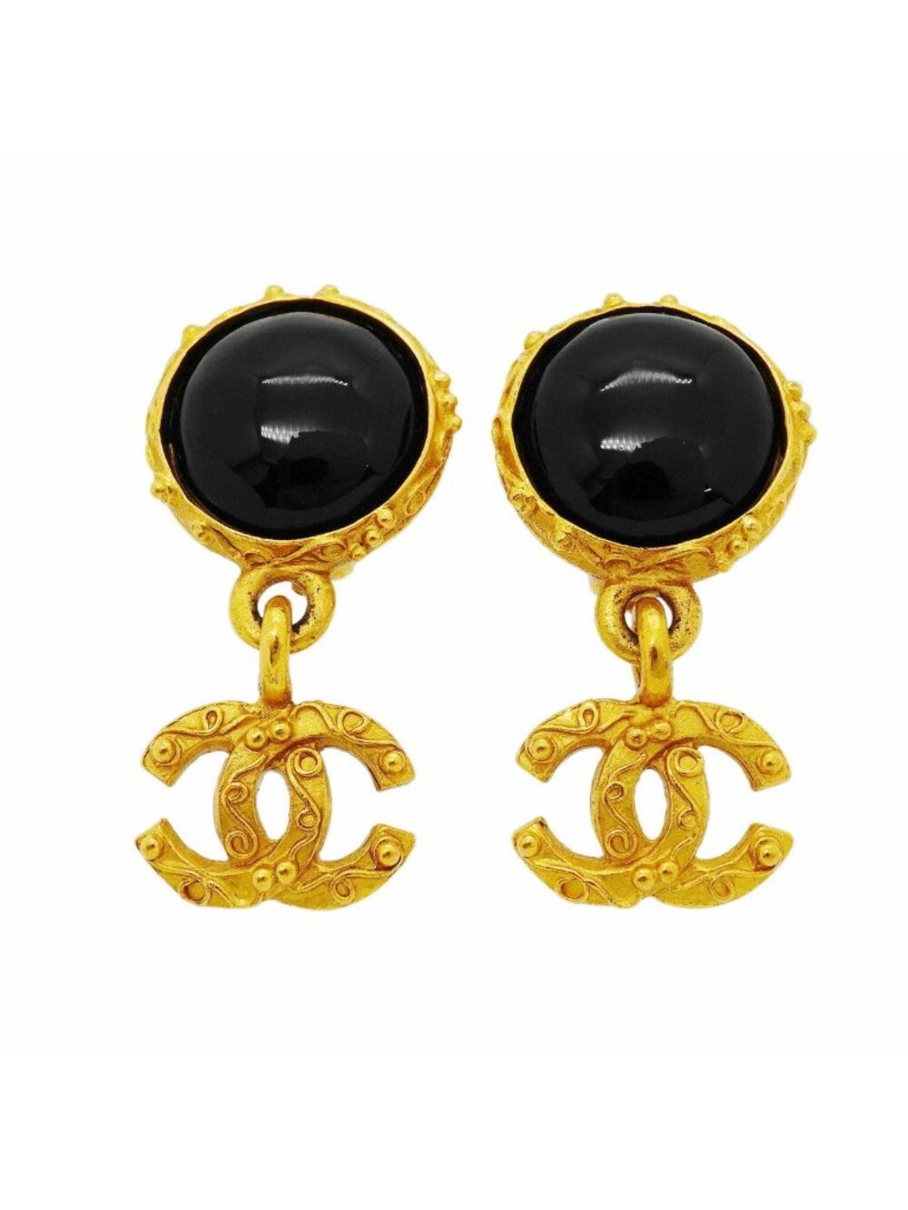 Chanel Earrings Vintage CC Logo Gold Plated Black